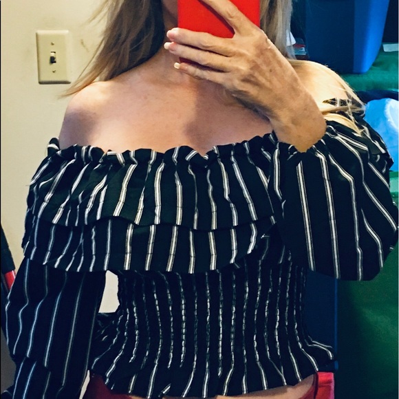 Black with white stripes off the shoulder top- S - Picture 2 of 11